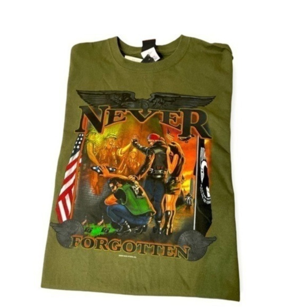 Hot leather shirt Olive Green Never Forgotten POW Veteran USA Tshirt Sz large